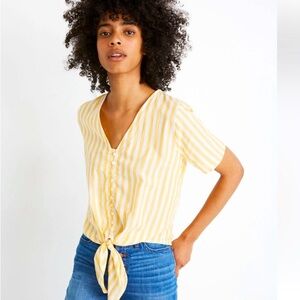 Madewell Yellow Striped Tie-Front V-Neck Top 100% Cotton Size Medium